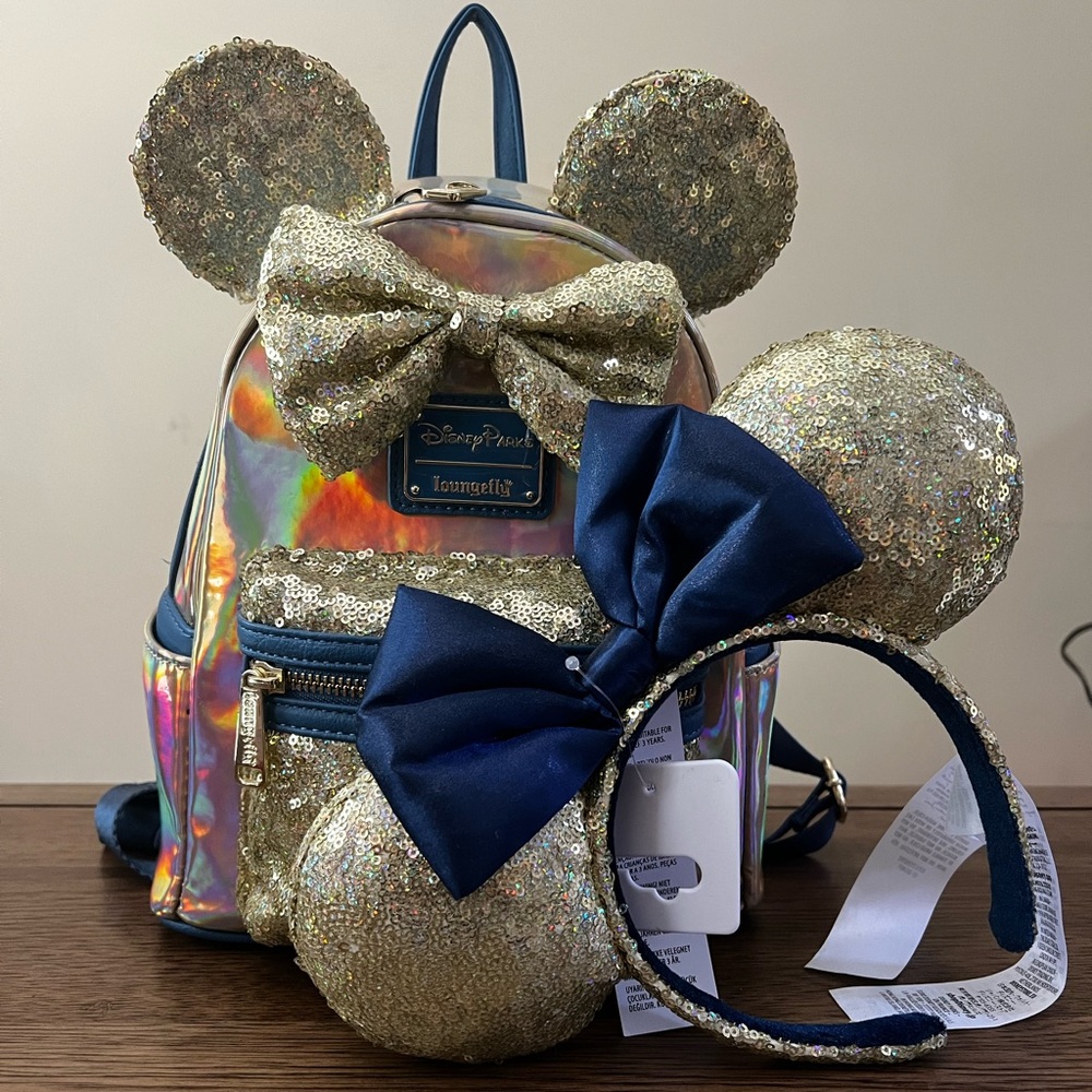Disney Parks 50th Minnie Sequins Iridescent Loungefly Backpack and Minnie Ears - Picture 2 of 8
